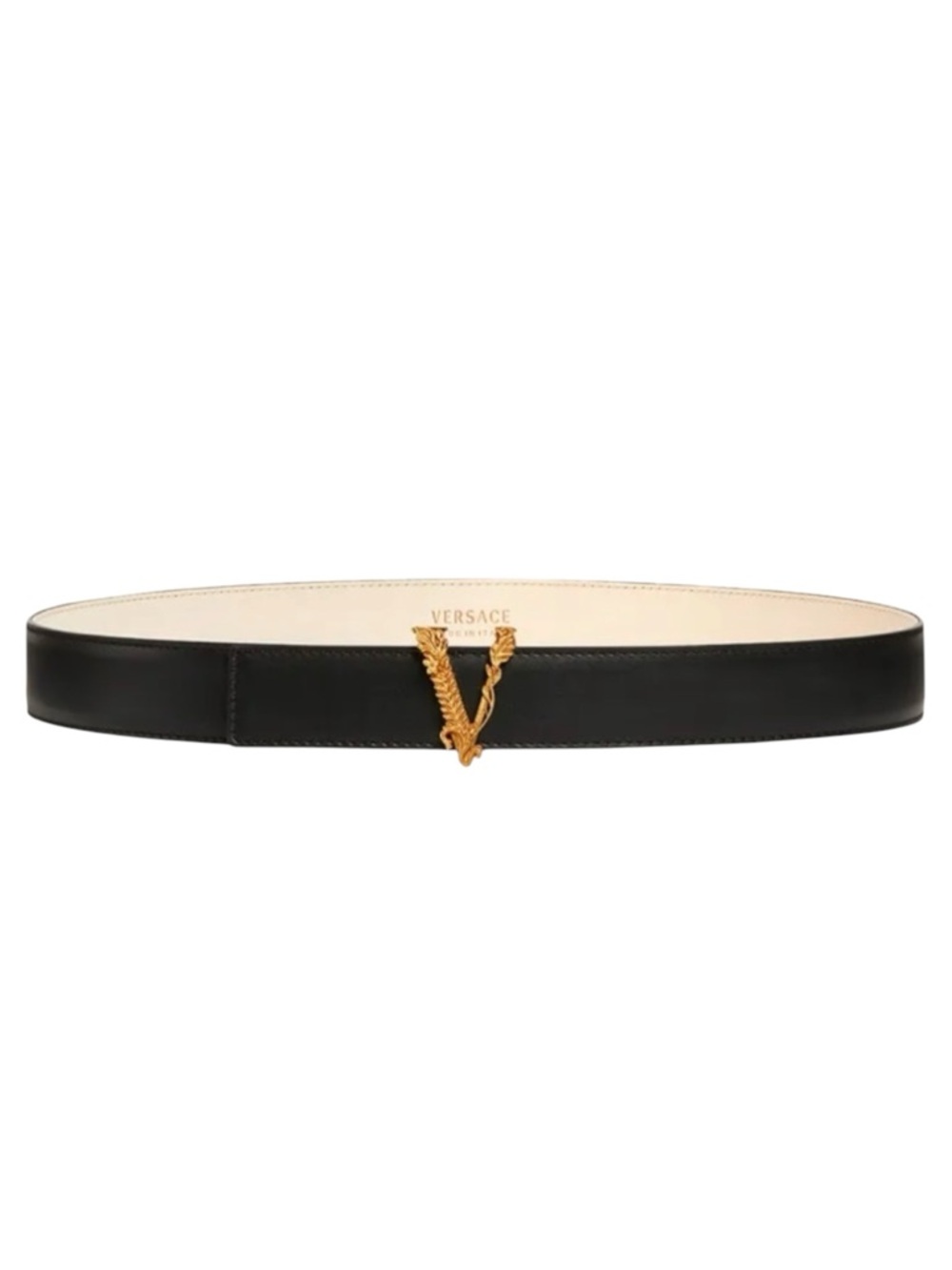 Versace Virtus Gold V Logo Black Calf Leather Belt Size 70 NWT RFID